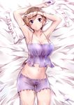  armpits arms_up bare_shoulders blue_eyes blush breasts brown_hair camisole cellphone cleavage collarbone commentary_request cowboy_shot groin highres kozakura_shiori large_breasts lingerie looking_at_viewer lying navel on_back original parted_lips phone shi-2 shiori_no_uso_wa_yo_no_makoto short_hair smartphone solo stomach underwear underwear_only 