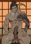  1boy abs barefoot beard black_hair character_request facial_hair hanzo_(overwatch) kneeling male_focus nipples nude overwatch pecs penis pubic_hair solo suyo tagme tattoo testicles toes 