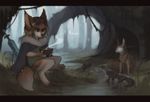  2017 anthro canine cape clothed clothing detailed_background digital_media_(artwork) fantasy female feral fog forest fox fur hair holding_object kiyafoo lizard mammal melee_weapon outside pawpads reptile scalie sitting soup swamp sword tree weapon 