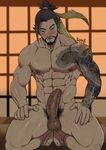  1boy abs barefoot beard black_hair character_request facial_hair hanzo_(overwatch) kneeling male_focus nipples nude overwatch pecs penis pubic_hair solo suyo tagme tattoo testicles toes 