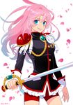  &gt;:) blue_eyes closed_mouth cowboy_shot epaulettes gradient_hair holding holding_weapon long_hair looking_at_viewer momoyama_aoi multicolored_hair petals pink_hair rapier shoujo_kakumei_utena sword tenjou_utena v-shaped_eyebrows weapon 