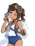  armpits bangs blush brown_eyes brown_hair commentary_request dated i-401_(kantai_collection) kangoku_kou kantai_collection one-piece_swimsuit one_eye_closed sailor_collar school_swimsuit short_hair smile solo standing swimsuit swimsuit_under_clothes tan twitter_username 