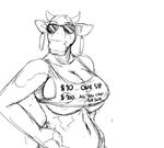  anthro big_breasts black_and_white bovine breasts cattle clothing ear_piercing english_text eyewear female glasses hladilnik horn mammal monochrome nipple_bulge piercing shirt text the_laughing_cow 