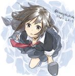  blush brown_eyes brown_hair commentary_request dated gun hairband hatsushimo_(kantai_collection) kangoku_kou kantai_collection long_hair looking_at_viewer looking_up necktie open_collar open_mouth red_neckwear sketch solo standing twitter_username water weapon wind 