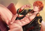  1boy 707 abs bottomless erection lasses male_focus penis presetting red_hair reddverse sitting solo tagme 