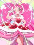  a_la_mode_style_(precure) animal_ears bow bunny_ears cake_hair_ornament choker cropped_legs cure_whip dress food_themed_hair_ornament gloves grin hair_bow hair_ornament hand_on_hip kirakira_precure_a_la_mode layered_dress long_hair looking_at_viewer magical_girl one_eye_closed pink_bow pink_hair precure red_eyes smile solo sparkle tj-type1 usami_ichika v white_gloves white_neckwear 