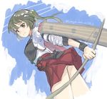  :| ass bow_(weapon) closed_mouth commentary_request dated eyebrows_visible_through_hair flight_deck green_eyes green_hair kangoku_kou kantai_collection looking_at_viewer looking_down red_skirt simple_background skirt sky solo twintails twitter_username weapon zuikaku_(kantai_collection) 