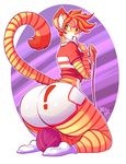  2017 anthro ball_of_yarn big_butt breasts butt cat clothed clothing feline female green_eyes hair hi_res jaeh legwear looking_back loree mammal orange_hair short_hair shorts side_boob socks solo stripes thick_thighs voluptuous wide_hips yarn 