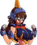  :d amania_orz armpit_peek barzam blush breasts brown_hair commentary_request crop_top gloves green_eyes gundam hair_between_eyes helm helmet large_breasts long_hair looking_at_viewer open_mouth personification smile solo sunglasses upper_body v-shaped_eyebrows white_gloves 