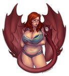  big_breasts blue_bra blue_panties breast_grab breasts cellphone clothed clothing demon eyewear female glasses hair hand_on_breast holding_breast huge_breasts humanoid lingerie long_hair overweight phone pirate-cashoo red_hair solo translucent 