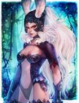  1girl bikini_armor breasts bunny_ears cleavage day final_fantasy final_fantasy_xii forest fran looking_at_viewer red_eyes revealing_clothes see-through square_enix tree viera white_hair 