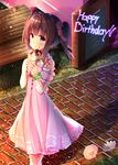  bare_shoulders bench blush brown_eyes brown_hair closed_mouth commentary_request crepe day dosu_(yodosu) dress flower food green_scrunchie hair_flower hair_ornament hair_ribbon happy_birthday holding holding_food idolmaster idolmaster_cinderella_girls looking_at_viewer looking_to_the_side off-shoulder_dress off_shoulder ogata_chieri outdoors park_bench pink_dress pink_flower pink_ribbon puffy_short_sleeves puffy_sleeves ribbon scrunchie short_sleeves sign smile solo striped striped_ribbon twintails walking white_flower wrist_scrunchie 