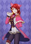  animal_ears argyle argyle_background arm_behind_back ascot bow braid coat commentary english_commentary epaulettes fem french_braid gem hair_bow hair_ornament hair_over_shoulder hairpin highres looking_at_viewer love_live! love_live!_school_idol_festival love_live!_sunshine!! red_hair rin.hayashiki sakurauchi_riko single_braid smirk solo spade_(shape) yellow_eyes 