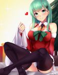  alternate_costume aqua_eyes aqua_hair arm_warmers bare_shoulders black_legwear black_panties breasts christmas christmas_tree_hair_ornament crossed_legs detached_collar dress hair_ornament highres kano_(kanokano44) kantai_collection large_breasts long_hair looking_at_viewer panties red_dress santa_costume sitting solo striped striped_legwear suzuya_(kantai_collection) twitter_username underwear yellow_neckwear 