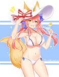  1girl animal_ears bikini breasts cleavage collarbone ears_through_headwear fang fate/grand_order fate_(series) fox_ears fox_tail hair_ribbon hat highres large_breasts long_hair looking_at_viewer navel open_mouth pink_hair ribbon side-tie_bikini solo sun_hat swimsuit tail tamamo_(fate)_(all) tamamo_no_mae_(swimsuit_lancer)_(fate) white_bikini white_hat yellow_eyes youga 