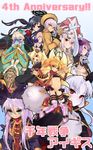  :d ahoge aisha_(sennen_sensou_aigis) animal_ears anniversary apple aqua_eyes awakening_(sennen_sensou_aigis) bell belzetta_(sennen_sensou_aigis) black_gloves black_hair brown_eyes brown_hair chloe_(sennen_sensou_aigis) covering_one_eye cross_hair_ornament dina_(sennen_sensou_aigis) eden_(sennen_sensou_aigis) elbow_gloves fan fang feather_fan flat_chest food fox_ears fox_tail fruit gloves green_eyes hair_ornament headpiece highres inari_(sennen_sensou_aigis) jingle_bell long_hair looking_at_viewer midriff multiple_girls multiple_tails navel noel_(sennen_sensou_aigis) object9991 open_mouth orange_hair orange_legwear over_shoulder pale_skin purple_hair red_eyes rino_(sennen_sensou_aigis) rivuru_(sennen_sensou_aigis) sennen_sensou_aigis short_hair skull smile standing striped striped_legwear tail tattoo thighhighs vampire white_hair white_legwear wide_sleeves 