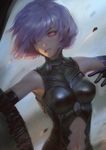  absurdres armor armored_dress black_armor center_opening clenched_teeth elbow_gloves fate/grand_order fate_(series) gloves hair_over_one_eye highres mash_kyrielight motion_blur navel purple_eyes purple_hair raikoart shield short_hair solo teeth 
