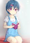  bangs blue_dress blue_hair blush book closed_mouth collarbone dress eyebrows_visible_through_hair fingernails hair_between_eyes hair_ornament hairclip holding holding_book looking_down minami_(niiya) niiya open_book original puffy_short_sleeves puffy_sleeves purple_eyes reading shirt short_hair short_sleeves sitting solo white_shirt 