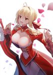  aestus_estus ahoge backlighting bangs blonde_hair blush braid breasts cleavage commentary_request cowboy_shot dress epaulettes eyebrows_visible_through_hair fate/extra fate_(series) french_braid green_eyes hair_intakes highres holding holding_sword holding_weapon large_breasts nero_claudius_(fate) nero_claudius_(fate)_(all) open_mouth petals red_dress ririko_(zhuoyandesailaer) rose_petals sidelocks simple_background smile solo sword thighs tsurime weapon white_background 