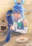  absurdres alcohol aqua_(konosuba) bare_shoulders blue_eyes blue_footwear blue_hair blue_shirt boot_removed boots check_commentary chin_rest commentary_request dated detached_sleeves dripping frills hair_bobbles hair_ornament hair_rings highres jjeono kono_subarashii_sekai_ni_shukufuku_wo! long_hair plate shirt sitting sketch smile solo thigh_boots thighhighs water whiskey 