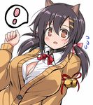  1girl animal_ears azur_lane black_hair blush breasts button_gap cardigan cat_ears cleavage collar hair_ornament hair_ribbon hairclip large_breasts low_twintails nagara_(azur_lane) open_clothes open_mouth open_shirt paw_pose ribbon shirt solo spoken_exclamation_mark tsuzuri_(tuzuri) twintails upper_body 
