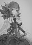 black_dress breasts cleavage detached_sleeves dress fate/apocrypha fate_(series) greyscale hand_on_own_chin hong looking_at_viewer medium_breasts medium_hair monochrome pointy_ears semiramis_(fate) sitting solo spike 
