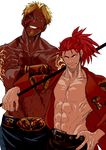  abs absurdres beard beowulf_(fate/grand_order) blonde_hair carrying_over_shoulder cowboy_shot crossed_arms dark_skin dark_skinned_male facial_hair fate/grand_order fate_(series) grin hand_on_hip highres li_shuwen_(fate) li_shuwen_(fate/grand_order) looking_at_viewer male_focus multiple_boys nippar open_clothes polearm ponytail red_eyes red_hair scar shirtless smile toned toned_male weapon 