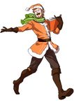  absurdres beard book brown_footwear brown_gloves facial_hair fate/apocrypha fate/grand_order fate_(series) full_body gloves green_scarf hat highres male_focus nippar one_eye_closed open_mouth orange_hair outstretched_arm santa_costume santa_hat scarf smile solo william_shakespeare_(fate) 