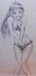  1girl artist_request between_legs blush bra breasts cleavage eyebrows_visible_through_hair hair_ornament hand_between_legs hand_under_clothes hand_under_panties hands_together have_to_pee highres knees_together_feet_apart long_hair medium_breasts monochrome navel open_mouth original panties ponytail side-tie_panties simple_background solo standing striped_bra striped_panties teeth tied_hair traditional_media trembling underwear underwear_only white_background 
