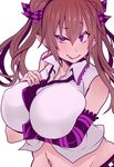  breasts brown_hair detached_sleeves hair_ribbon himekaidou_hatate huge_breasts midriff navel necktie pointy_ears purple_eyes ribbon sleeveless solo touhou twintails yukinojou_yakan 