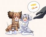  anni_minto bacon black_gloves brown_hair coat commentary crying crying_with_eyes_open egg eurasian_eagle_owl_(kemono_friends) flying_sweatdrops food gloves gradient_hair head_wings kaban_(kemono_friends) kemono_friends kneeling multicolored_hair multiple_girls northern_white-faced_owl_(kemono_friends) object_hug omelet out_of_frame pantyhose red_eyes silver_hair simple_background sitting spoken_object sunny_side_up_egg tamagoyaki tears wariza white_background white_legwear winter_clothes winter_coat yellow_eyes 