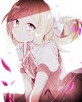  blonde_hair blurry crying crying_with_eyes_open depth_of_field hiiragi_fuyuki leaning_forward long_hair looking_at_viewer neck_ribbon nogi_sonoko petals puffy_short_sleeves puffy_sleeves purple_eyes ribbon school_uniform shinju-kan_uniform short_sleeves simple_background solo tareme tears upper_body v_arms very_long_hair washio_sumi_wa_yuusha_de_aru white_background white_ribbon yuusha_de_aru 