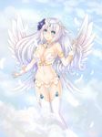  angel angel_wings armlet ass_visible_through_thighs bangs bare_shoulders black_heart blue_eyes blush breasts circlet cleavage closed_mouth cloud cloudy_sky detached_collar elbow_gloves eyebrows_visible_through_hair feathered_wings feathers flower flying four_goddesses_online:_cyber_dimension_neptune garter_straps gem gloves hair_between_eyes hair_flaps hair_flower hair_ornament halo hand_up highres kazuneko_(wktk1024) long_hair medium_breasts neptune_(series) panties sky smile solo symbol-shaped_pupils tareme thigh_gap thighhighs underwear white_gloves white_hair white_panties white_wings wings 