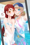  ;p backwards_hat baseball_cap blue_eyes blurry blurry_background blush breasts brown_hair cleavage dress hair_ornament hairclip hat highres hug innertube long_hair looking_at_viewer love_live! love_live!_sunshine!! medium_breasts multiple_girls nose_blush one_eye_closed overall_shorts overalls paint_on_clothes paint_on_face paint_splatter pool reaching_out red_hair rin.hayashiki sakurauchi_riko self_shot short_dress short_hair smile stain strap_slip taking_picture tongue tongue_out watanabe_you white_dress yellow_eyes yuri 