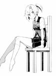  absurdres blouse chair full_body gloves greyscale highres kantai_collection looking_at_viewer maikaze_(kantai_collection) monochrome pleated_skirt ponytail ribbon school_uniform short_hair simple_background sitting skirt smile socks solo tsukamoto_minori vest white_background 