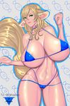 5_angle amy_(dicknation) animal_humanoid big_breasts bikini blonde_hair breasts camel_toe cat_humanoid cleavage clothed clothing collar feline female green_eyes hair hi_res huge_breasts humanoid looking_at_viewer mammal navel signature skindentation solo swimsuit thick_thighs under_boob 
