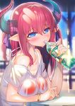  alternate_breast_size bikini blue_eyes blurry bottle commentary_request depth_of_field dragon_girl dragon_horns drinking elizabeth_bathory_(fate) elizabeth_bathory_(fate)_(all) fate/extra fate/extra_ccc fate_(series) holding horns long_hair looking_at_viewer pointy_ears red_bikini red_hair see-through solo swimsuit tonchan wet wet_clothes 