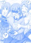  3girls :d =_= ai-chan's_sister_(tawawa) ai-chan_(tawawa) bike_shorts blindfold blue blush braid breast_grab breasts commentary controller game_controller getsuyoubi_no_tawawa grabbing himura_kiseki large_breasts long_hair monochrome multiple_girls necktie nintendo nintendo_switch no_shoes open_mouth pantyhose plaid plaid_skirt playing_games pleated_skirt school_uniform skirt smile sweat sweater volley-bu-chan_(tawawa) yuri 