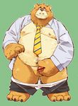  2015 anthro balls bear belly censored clothed clothing erection eyewear front_view garouzuki glasses male mammal masturbation necktie open_shirt overweight overweight_male pants_down partially_clothed penis solo standing 