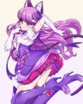  animal_ears anklet ass blush boots cat_ears cat_tail closed_eyes covered_nipples cure_macaron dress earrings elbow_gloves extra_ears gloves hat high_heels highres jewelry kirakira_precure_a_la_mode kotozume_yukari long_hair looking_at_viewer niko_(tama) precure purple_eyes purple_hair simple_background smile solo tail thigh_boots thighhighs white_background white_gloves 