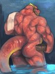  2017 anthro butt crocodile crocodilian crocodyne kiryu looking_at_viewer male muscular night nude outside presenting presenting_hindquarters rear_view red_scales reptile scales scalie sky solo standing towel water 