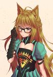  adjusting_hair ahoge animal_ears aqua_jacket aqua_skirt arm_at_side arm_guards armor atalanta_(fate) bangs bespectacled black-framed_eyewear blush brown_background buckle cat_ears cat_tail cleavage_cutout closed_mouth cropped_jacket eyebrows_visible_through_hair fate/apocrypha fate/grand_order fate_(series) flat_chest frown glasses green_hair hand_in_hair highres jacket long_hair looking_at_viewer ma_kimere nose puffy_short_sleeves puffy_sleeves short_sleeves simple_background skirt solo tail very_long_hair yellow_eyes 