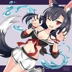  ;d animal_ear_fluff animal_ears azur_lane bare_shoulders black_hair black_shirt blush breasts claw_pose cleavage collarbone commentary_request dated dutch_angle fang hands_up hebitsukai-san highres hydrokinesis kneehighs large_tail lavender_background leg_up letterboxed long_hair long_sleeves looking_at_viewer medium_breasts midriff miniskirt nail_art nail_polish navel off_shoulder one_eye_closed open_mouth palms pleated_skirt ponytail red_eyes red_nails ribbed_legwear school_uniform serafuku shigure_(azur_lane) shirt side-tie_shirt signature skirt slit_pupils smile solo standing standing_on_one_leg stomach tail tail_raised tied_shirt tsurime twitter_username unaligned_ears v-shaped_eyebrows water water_drop white_legwear white_pupils white_skirt wolf_ears wolf_girl wolf_tail wristband 