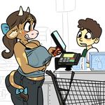  anthro big_breasts big_butt blush bovine breasts brown_hair butt cleavage clothed clothing computer credit_card english_text eyelashes female hair horn huge_breasts human lactating male mammal minotaur molly_(slightlysimian) nervous nipple_bulge schoolofcurses shopping_cart sweat text 