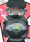  &gt;:( 1girl black_hat blush breasts breath cabbie_hat cleavage cleavage_cutout clothes_writing commentary_request gerumaga gloves great_ball green_hair grey_gloves hat highres huge_breasts looking_at_viewer paizuri_invitation poke_ball pokemon pokemon_(game) pokemon_ultra_sm ripping shirt sketch solo speech_bubble steam sweatdrop team_rainbow_rocket_grunt team_rainbow_rocket_uniform tearing_clothes text torn_clothes torn_shirt translated waist_poke_ball 