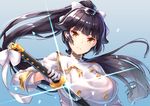  aiguillette azur_lane bangs black_hair blue_background blunt_bangs bow breasts closed_mouth double-breasted glint gloves gradient gradient_background hair_bow hair_flaps high_ponytail holding holding_sword holding_weapon katana large_breasts long_hair long_sleeves looking_at_viewer military military_uniform pensuke serious sheath shiny shiny_hair solo sword takao_(azur_lane) tsurime uniform unsheathing upper_body v-shaped_eyebrows very_long_hair weapon white_bow white_gloves yellow_eyes 