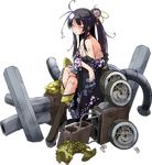  bare_shoulders black_hair boots breasts broken broken_weapon cannon closed_eyes full_body hair_bun hair_ornament japanese_clothes kimono large_breasts long_hair nijou_(oshiro_project) official_art oshiro_project oshiro_project_re platform_boots platform_footwear ponytail shachihoko side_ponytail sitting solo sw transparent_background weapon 