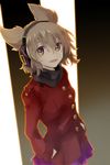  alternate_costume brown_eyes cosplay cyborg_009 earmuffs epaulettes francoise_arnoul francoise_arnoul_(cosplay) hands_in_pockets jacket light_brown_hair looking_at_viewer makuwauri open_mouth pointy_hair purple_skirt red_jacket skirt solo touhou toyosatomimi_no_miko trait_connection 