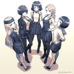  amamiya_ren amamiya_ren_(cosplay) chewing_gum cosplay crossed_arms full_body headband jacket kawakami_sadayo long_hair looking_at_viewer mifune_chihaya monochrome multiple_girls nekobayashi_(nekoforest) niijima_makoto niijima_makoto_(cosplay) niijima_sae ohya_ichiko persona persona_5 school_uniform shirt short_hair shuujin_academy_uniform simple_background skirt smile takemi_tae 