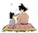  =3 belt blanket bug butterfly chinese_clothes chopsticks dragon_ball dragon_ball_super dragon_ball_z eating facing_away father_and_son grass insect male_focus multiple_boys profile rochiko_(bgl6751010) scarf simple_background sitting son_gokuu son_goten white_background 